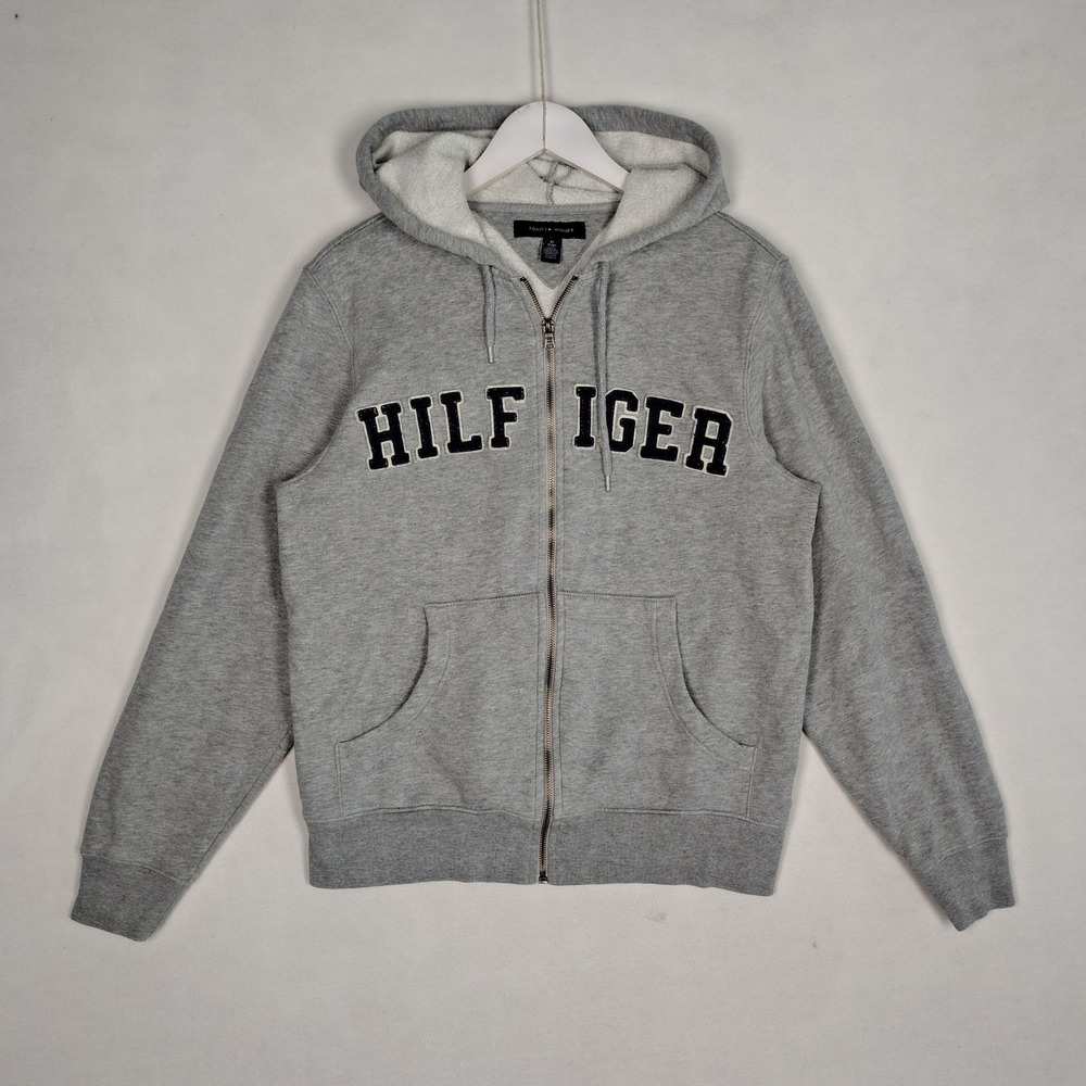 Tommy Hilfiger Mens Full Zip Hoodie Gray Fleece Spellout Sweatshirt XS